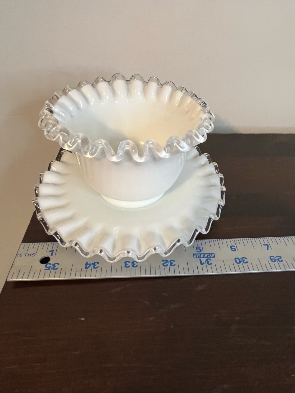 Vintage Fenton Silver Crest ruffled milk glass mayonnaise set bowl & dish - Picture 9 of 9